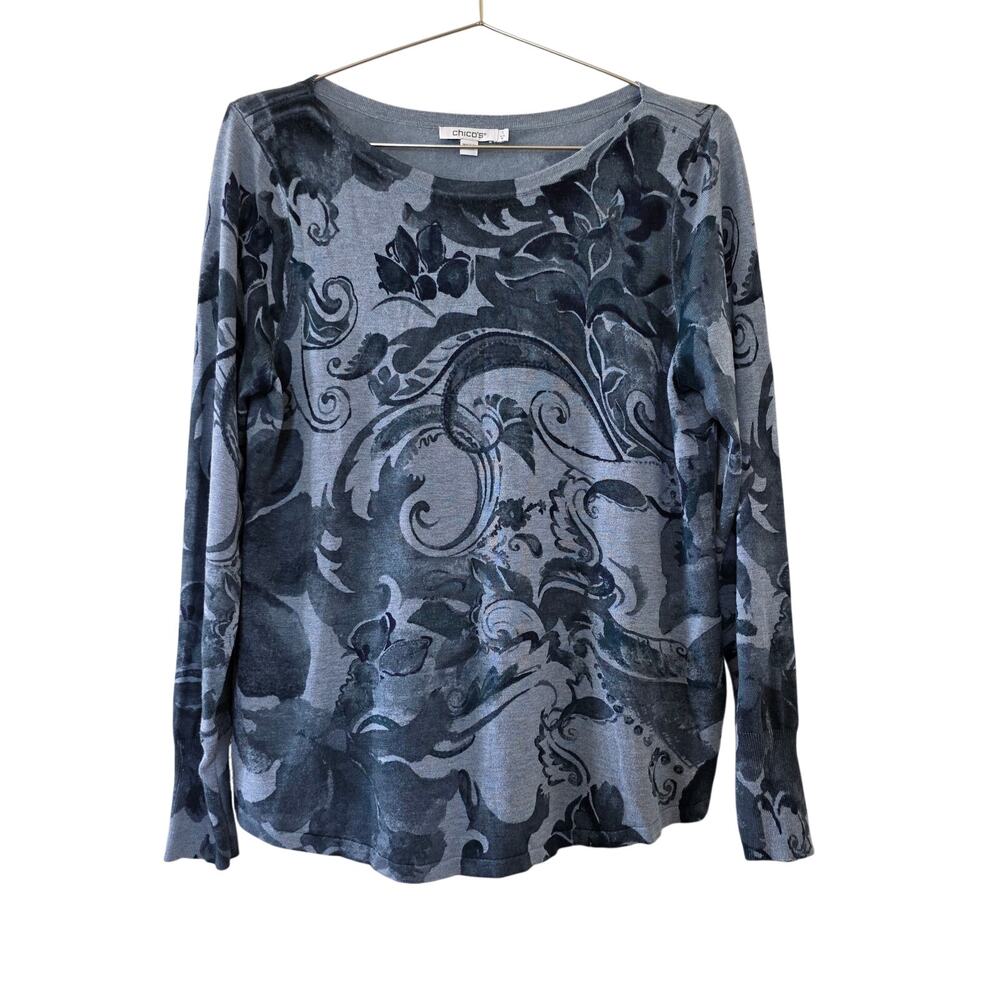 Chicos Velvet Flocked Scroll Print Top Womens Size M Blue Gray Long Sleeve Rayon